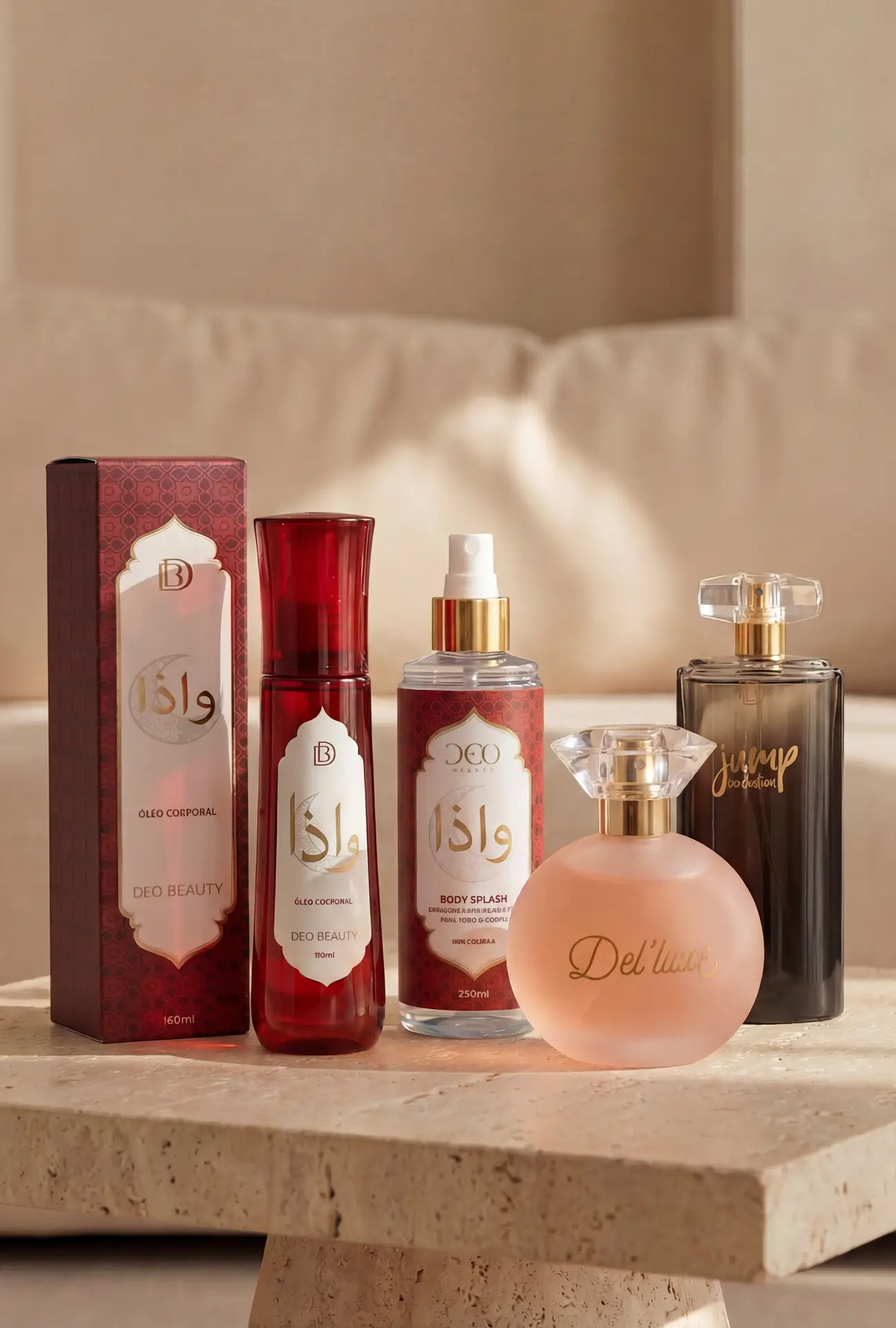 Coleção Deobeauty posicionada sobre mesa de pedra em ambientação editorial